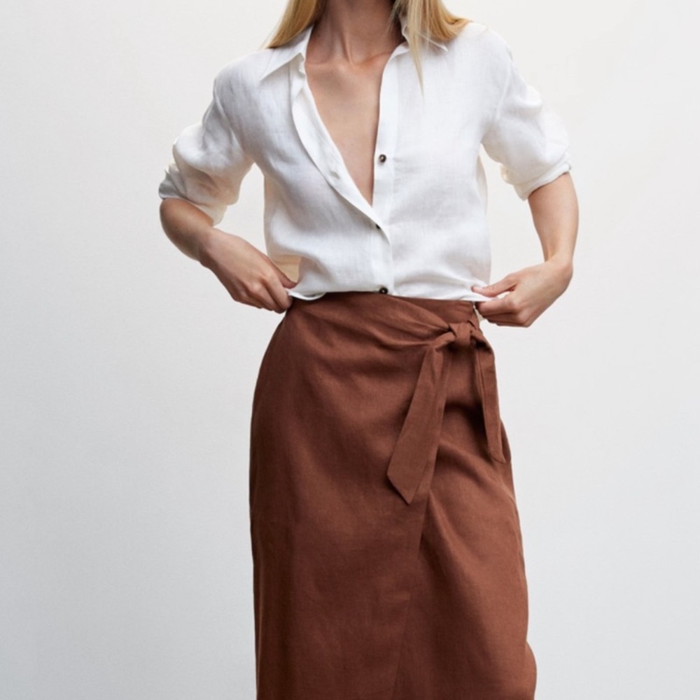 Mango Brown Linen Midi Skirt